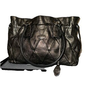Tods Metallic Pewter Leather Geometric Quilted Tote Handbag Made in Italy